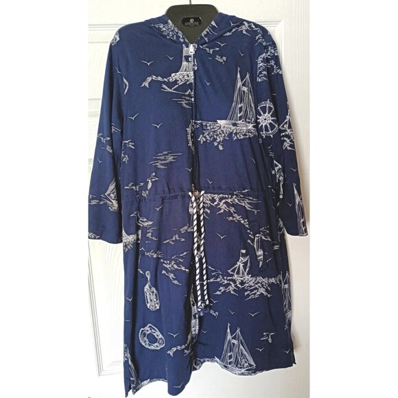 Lands End Dress Cover Up Sz Medium Hooded Drawstring Pockets Full Zip  Nautical - Picture 1 of 10